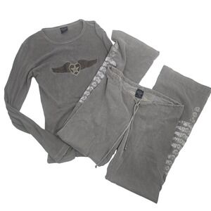 Vtg y2k Sledge USA Womens Gray Winged Heart Graphic Long Sleeve Top Pants Set
